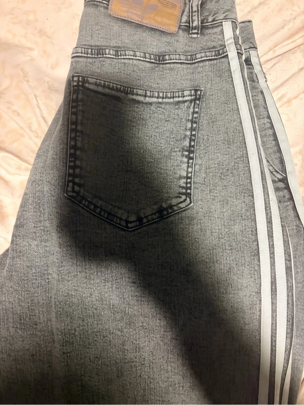 adidas Washed Grey Wide-Leg Flare Jeans with White Side Stripes